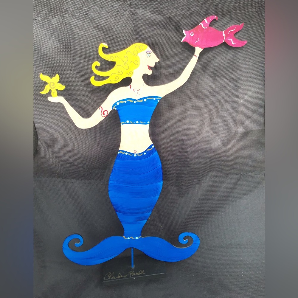Rare whimsical Claudine Buell hand painted metal mermaid
